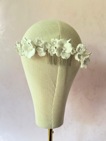 Peineta Grande Flores Porcelana Blanca