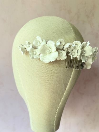 Peineta Grande Flores Porcelana Blanca