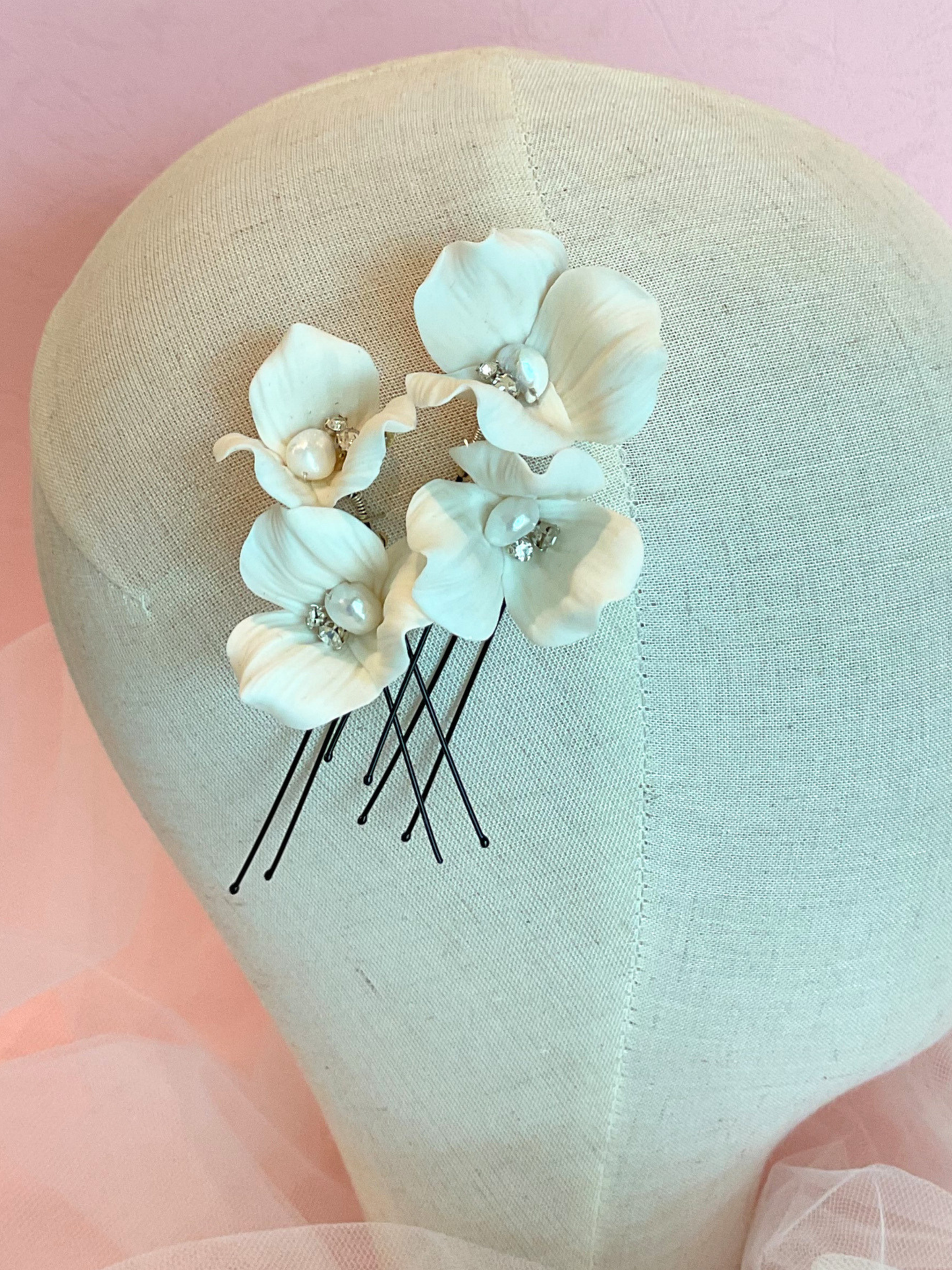 Set 4 hair pins flor perlas y pedrería