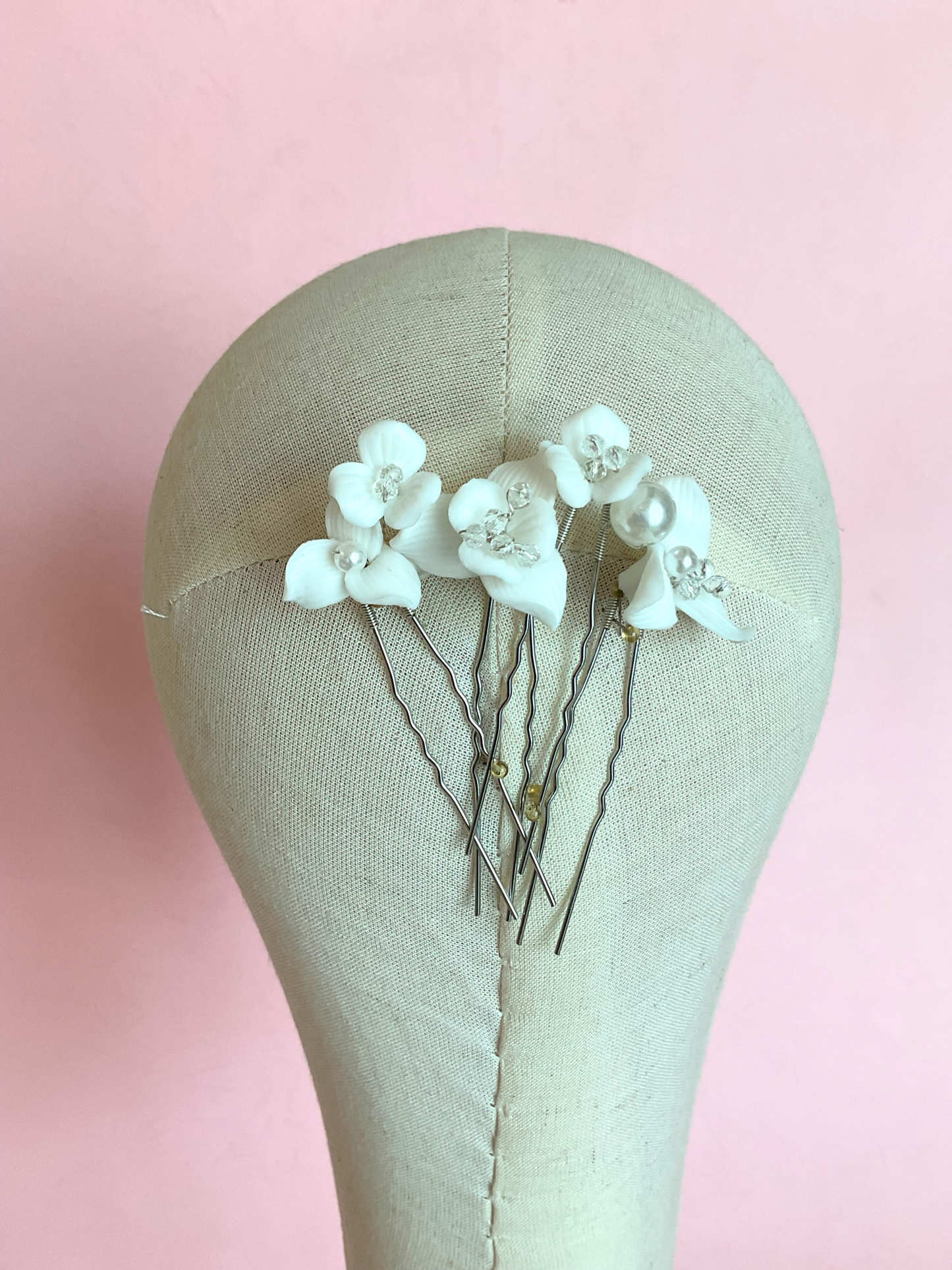 5 hair pins flor porcelana y cristales