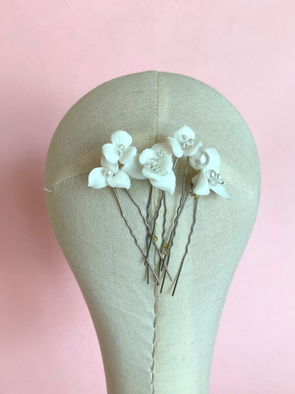 5 hair pins flor porcelana y cristales