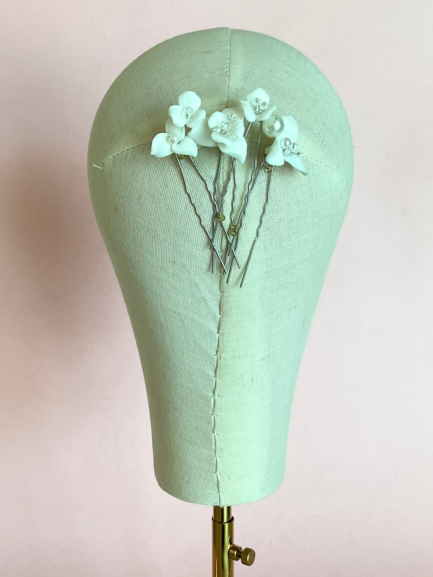5 hair pins flor porcelana y cristales